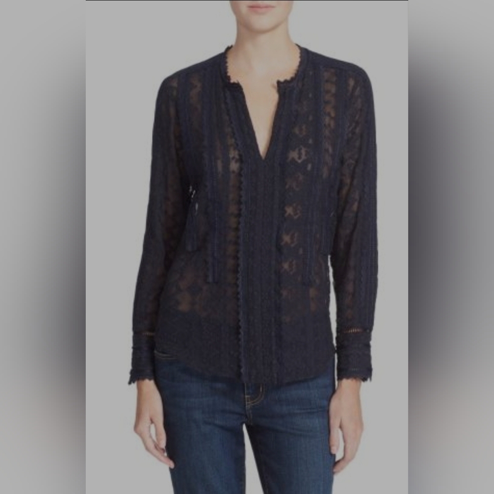 Rebecca Taylor Embellished Silk Chiffon Top Sheer embroidered in moody navy blue